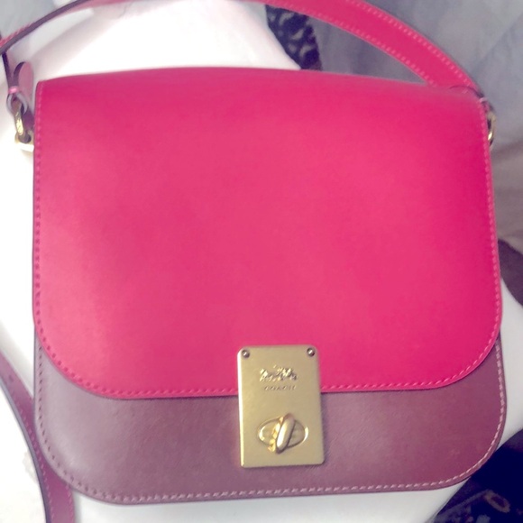 COACH pink and brown HUTTON saddle bag in color block brass. - Picture 14 of 15
